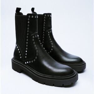 ZARA Studded Boot Pull On Faux Leather Chunky Sole Mid Calf Moto Biker Flat Boot
